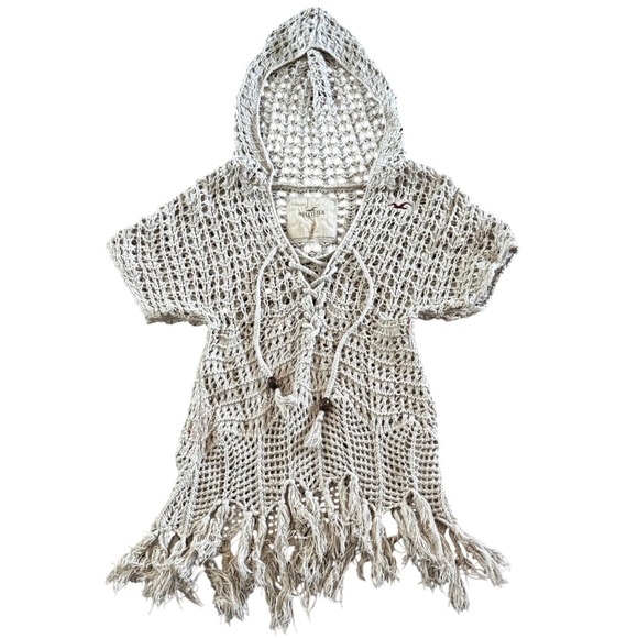 Hollister Tops - Vintage Y2K Style Hollister Crochet Hooded Fringe Knit Top XS Beach‎ Preppy Boho